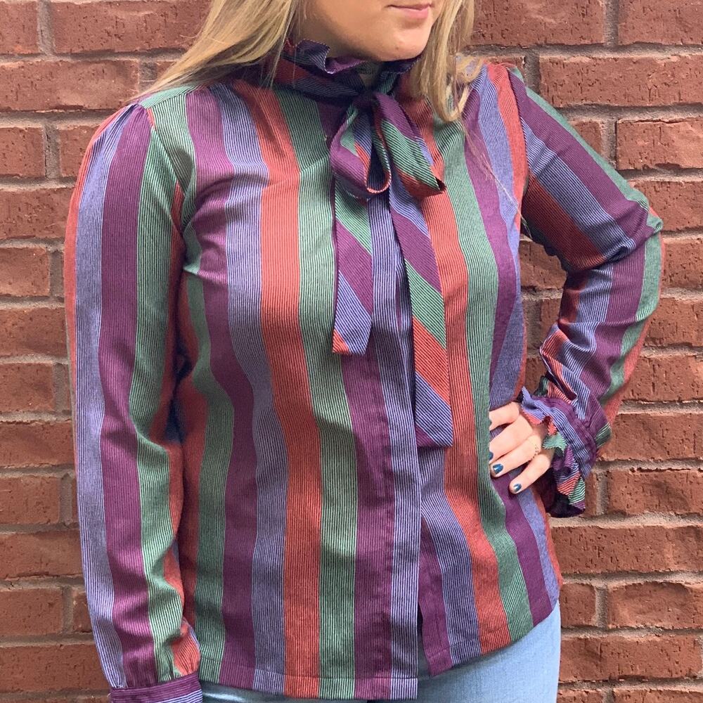 Vintage Shapely Polyester Long Sleeve Blouse P. Bow Ruffle Cuffs 70s Stripes